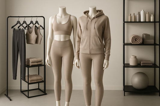 A modern boutique showcasing high-quality athleisure wear on minimalist mannequins