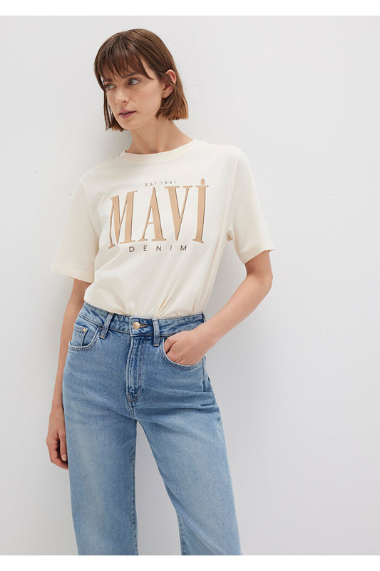 Mavi Logo Printed Beige T-Shirt Regular Fit - Normal Cut Women