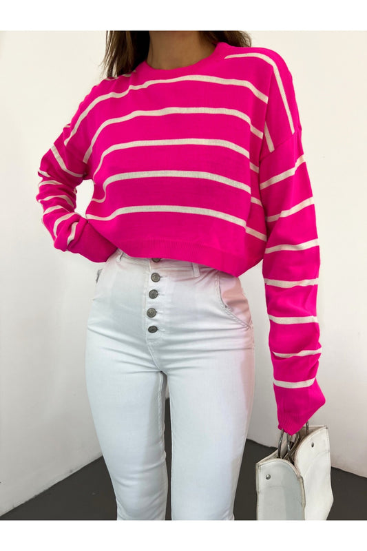 Modamorfo Thin Striped Crop Knit Sweater -Pink Women