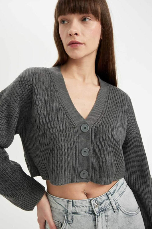 DeFacto Regular Fit V-Neck Basic Plain Buttoned Knitwear Cardigan (25 Wn) Grey Women