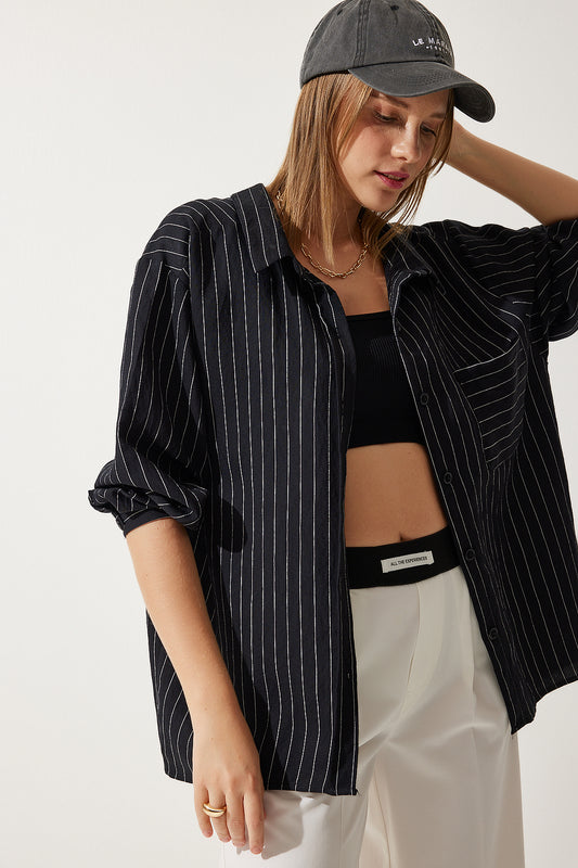 Happiness İstanbul Women's Black Striped Pocket Viscose Shirt Women