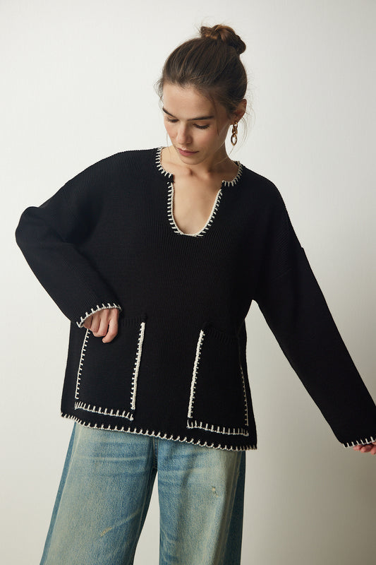 Happiness İstanbul Women's Black Stitching Detailed Pocket Knitwear Sweater Women