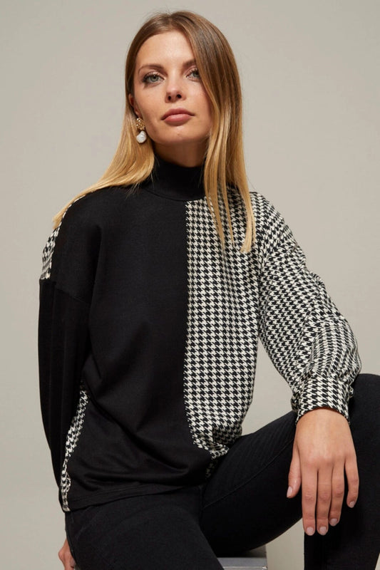 Cool & Sexy Women's Black-White Half Turtle Houndstooth Pattern Blouse Black And White Women