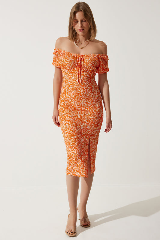 Happiness İstanbul Women's Orange Patterned Gathered Knitted Dress Women