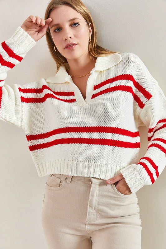 Bianco Lucci Women's Polo Neck Striped Knitwear Sweater White-red Women