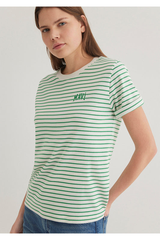 Mavi Logo Printed Striped Green T-Shirt Regular Fit Women