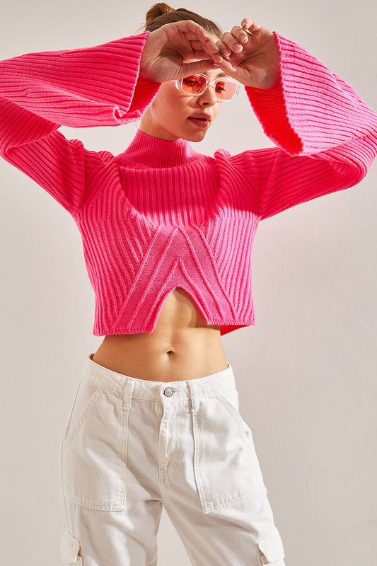 Bianco Lucci Women's Half Fisherman Patterned Crop Sweater Fuchsia Women
