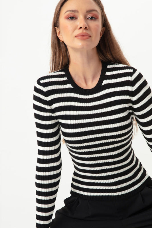 Lafaba Women's Black Striped Ribbed Lycra Knitwear Sweater Women