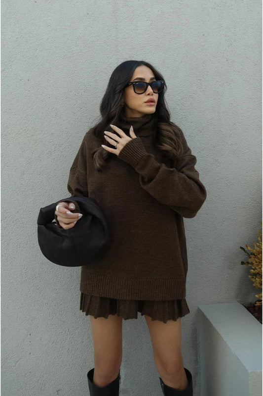 Mooi Butik Turtleneck Knitwear Sweater and Mini Skirt - Brown Pleated Set Coffee Women