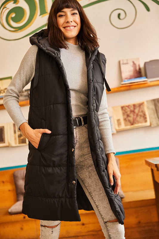 Olalook Women's Black Hooded Puffer Vest with Pockets Women