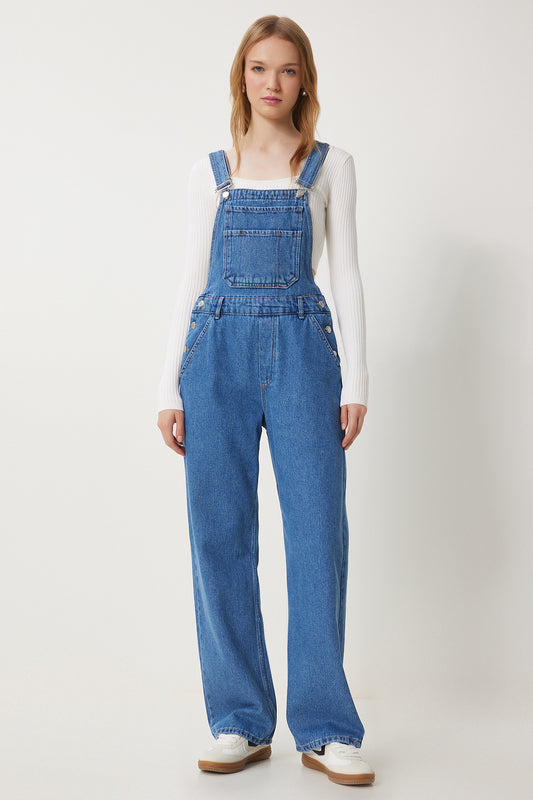 Happiness İstanbul Women's Blue Wide Pocket Denim Gardener Jumpsuit Women