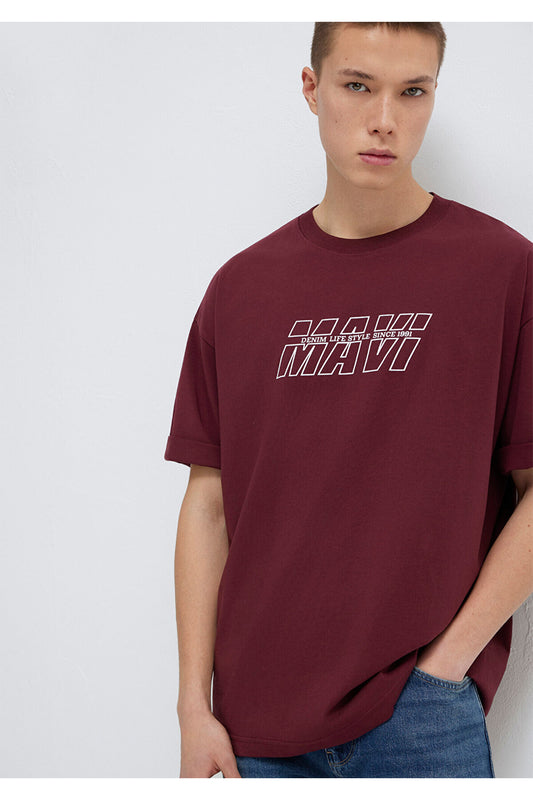 Mavi Printed Claret Red T-Shirt Oversize - Wide Cut Men