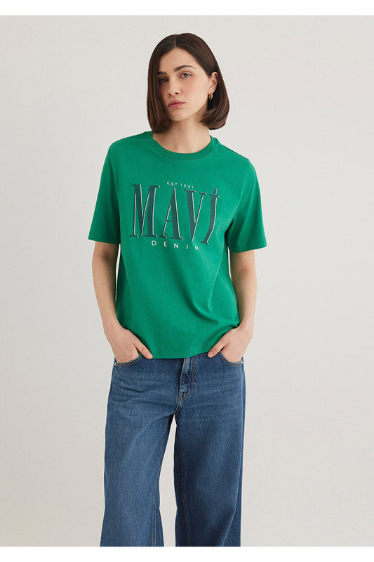Mavi Logo Printed Green T-Shirt Regular Fit - Regular Women