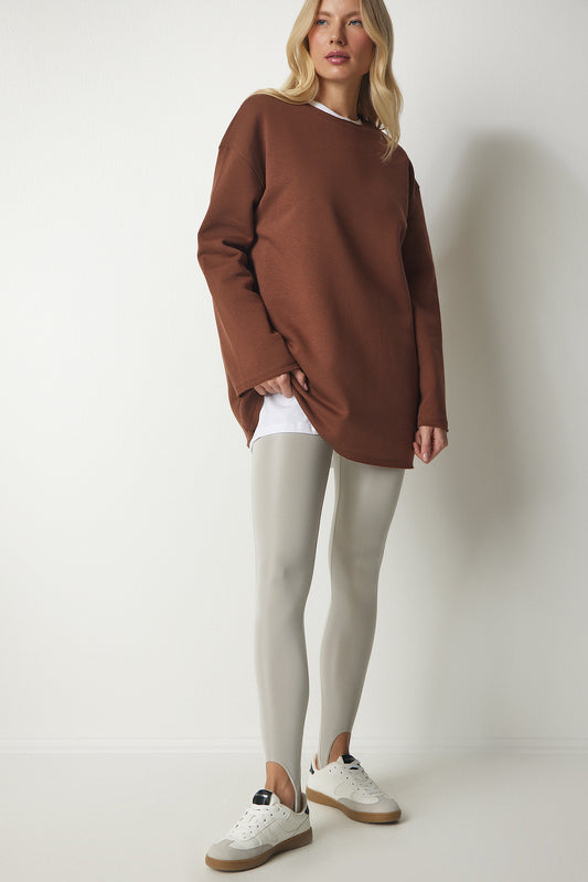 Happiness İstanbul Women's Brown Raised Oversize Knitted Sweatshirt Women