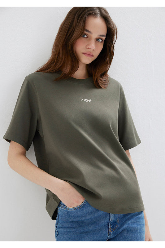 Mavi Logo Printed Interlock Green T-Shirt Loose Fit - Relaxed Fit Women