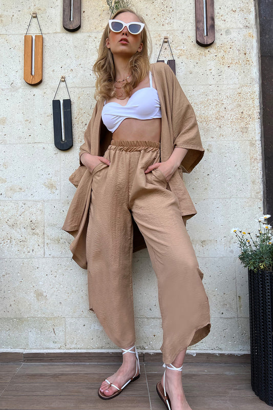 Trend Alaçatı Stili Women's Beige Leg Slit Self Textured Trousers and Jacket Double Set Women