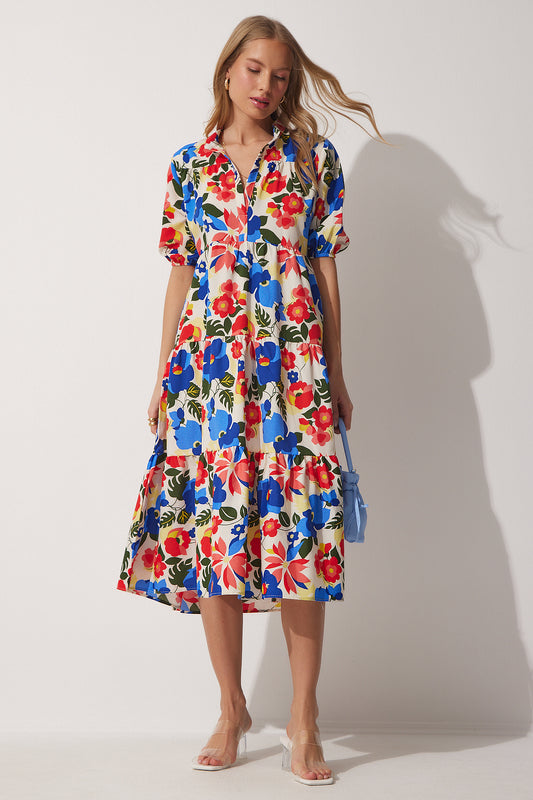 Happiness İstanbul Women's Blue Cream Floral Loose Summer Long Poplin Dress Women