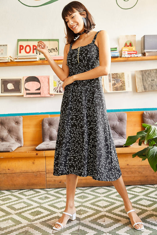 Olalook Women's Black Zippered Patterned Dress Black Flowers Women