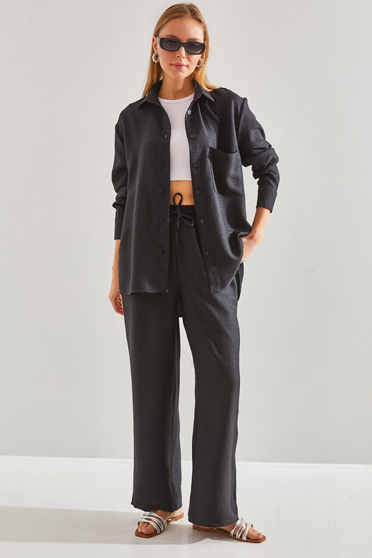 Bianco Lucci Women's Elastic Waist Trousers Bottom and Top Set Black Women