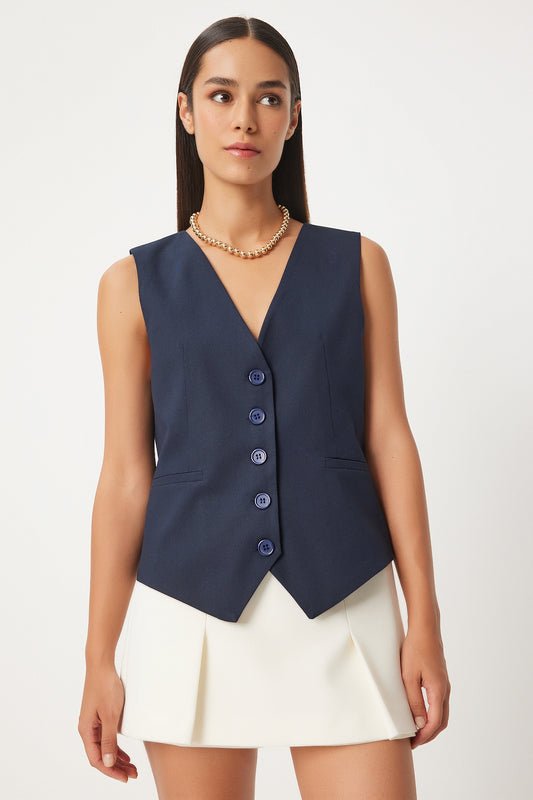 Happiness İstanbul Navy Blue Viscose V-Neck Women's Vest Women