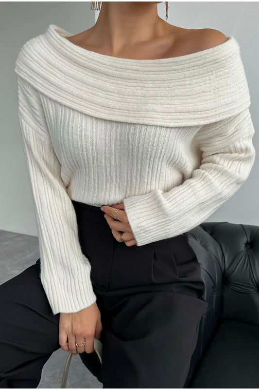 Ritnice Women's Moon Cream Cuffed Collar Ribbed Knitwear Sweater Women