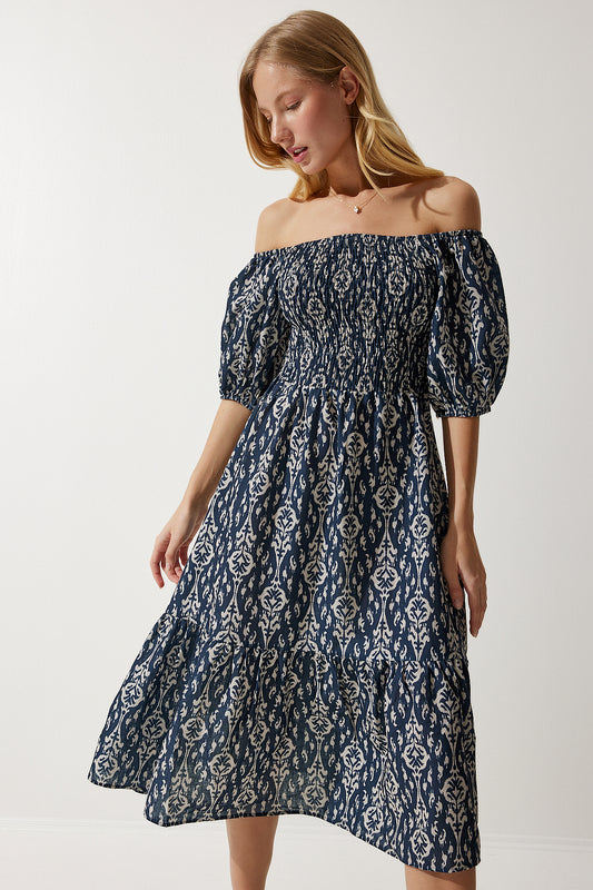 Happiness İstanbul Women's Navy Blue Cream Patterned Summer Woven Dress Navy Cream Women