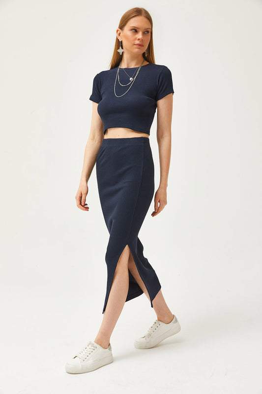 Olalook Women's Navy Blue Short Sleeve Slit Skirt Lycra Suit Women