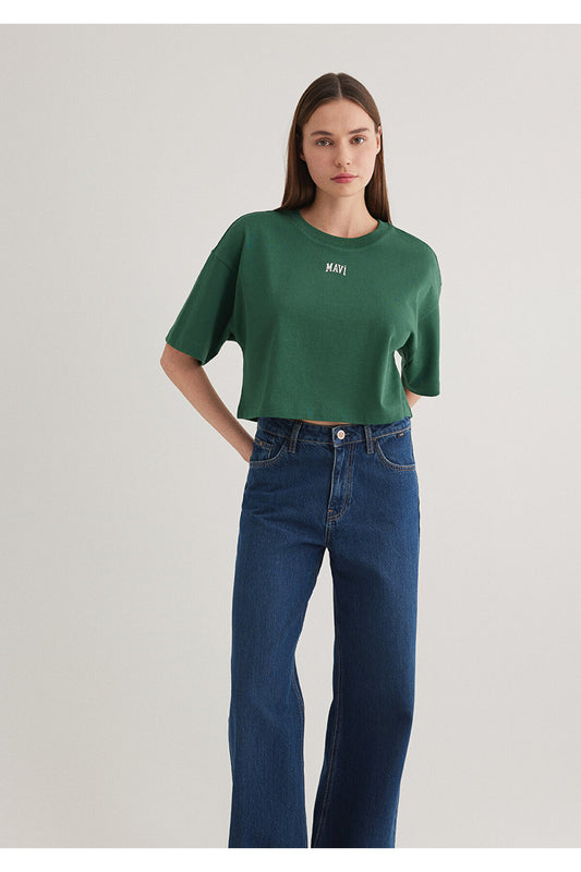 Mavi Logo Printed Green Crop T-Shirt Crop - Short Cut Women
