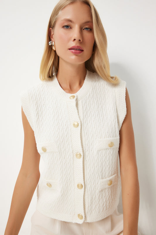 Happiness İstanbul Bone Colored Stylish Knitwear Vest - Buttoned, Textured Women