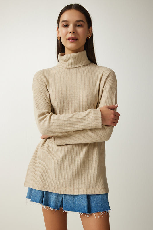 Happiness İstanbul Women's Beige Turtleneck Ribbed Oversize Knitted Blouse Women