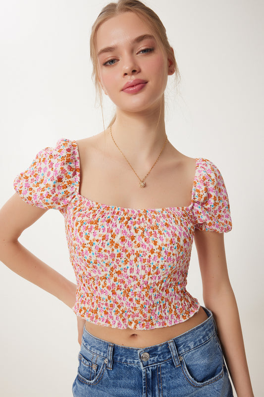 Happiness İstanbul Women's Pink Cream Floral Gathered Carmen Collar Crop Knitted Women