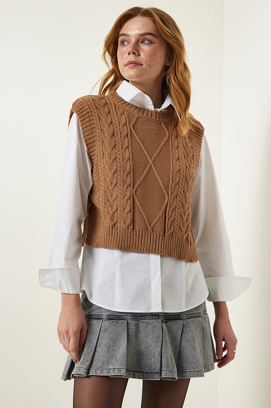 Happiness İstanbul Women's Biscuit Motif Tie-Up Crop Knit Sucker Women