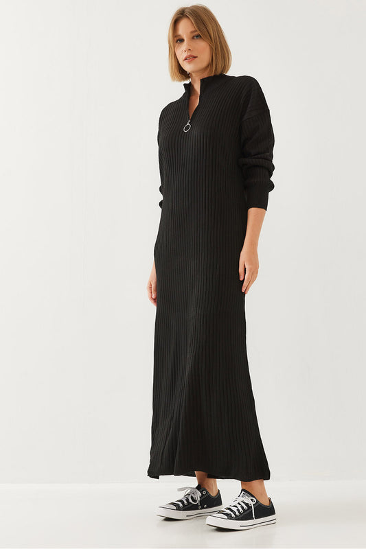 Bianco Lucci Women's Collar Zipper Long Knitwear Dress Black Women