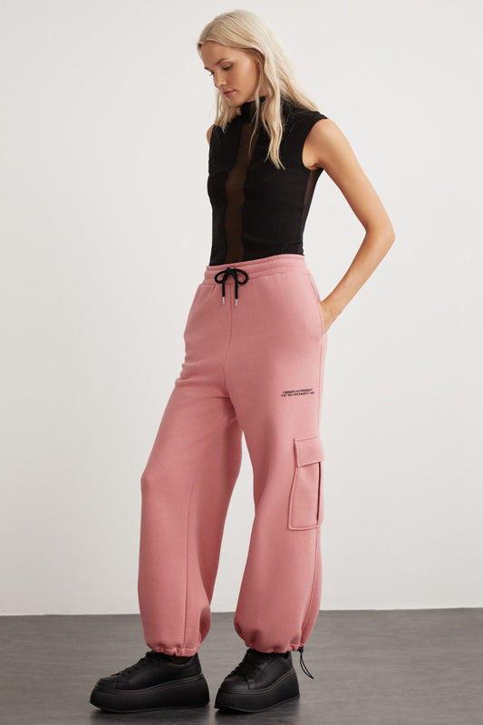 GRIMELANGE Tegan Women's Elastic Waist Cargo Pocket Embroidered Pink Sweatpants Women