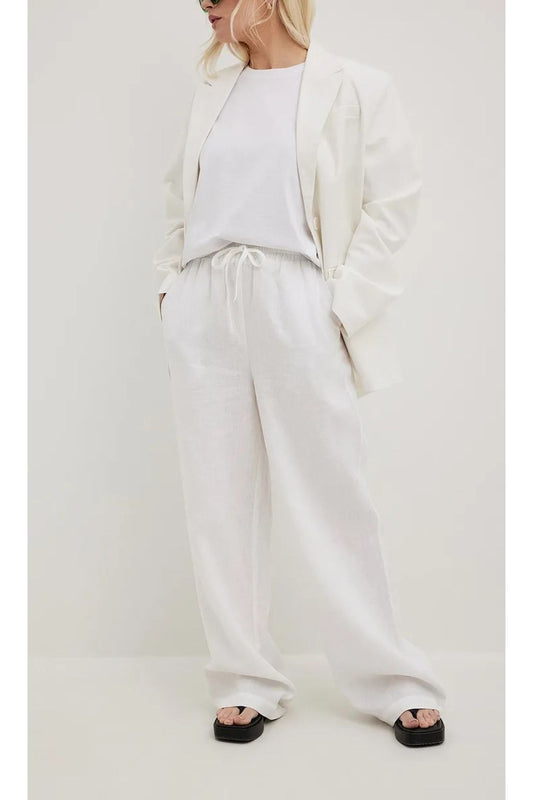 My Blog White Elastic Waist Linen Straight Trousers Women