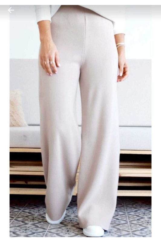 BLUEMOOR Women's Wide Leg Knitwear Trousers Beige Women
