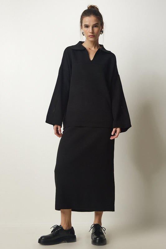 Happiness İstanbul Woman's Black Polo Collar Stylish Knitwear Sweater Skirt Set Women
