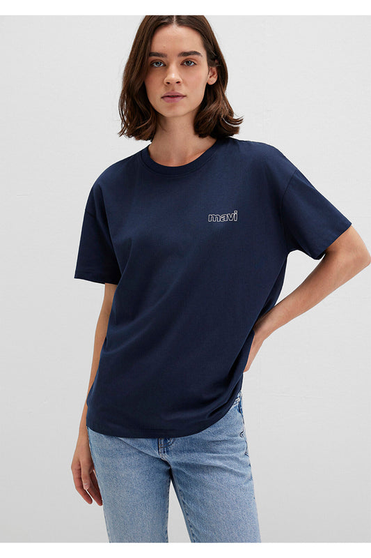 Mavi Logo Printed Navy Blue T-Shirt Loose Fit - Loose Relaxed Women