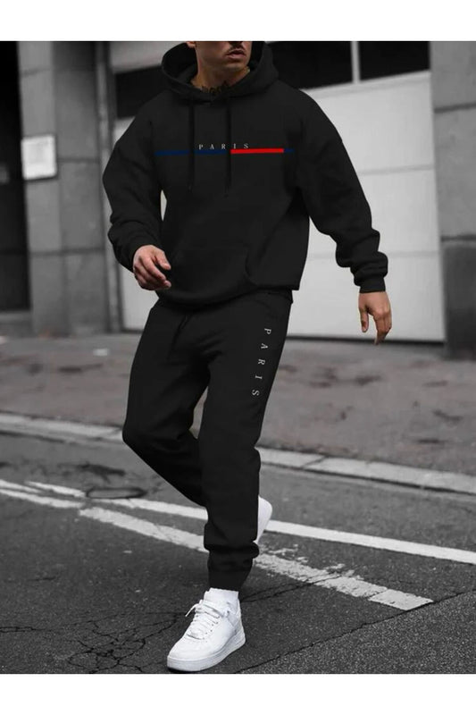 MOONBULL Men's Paris Printed Hooded Tracksuit Set Black Men