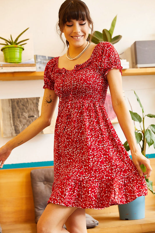 Olalook Women's Red Elastic Collar Tie-Down Flared Dress Women