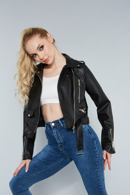 MEECY Women's Sleeve Zippered Leather Jacket with Pocket Detail Black Women