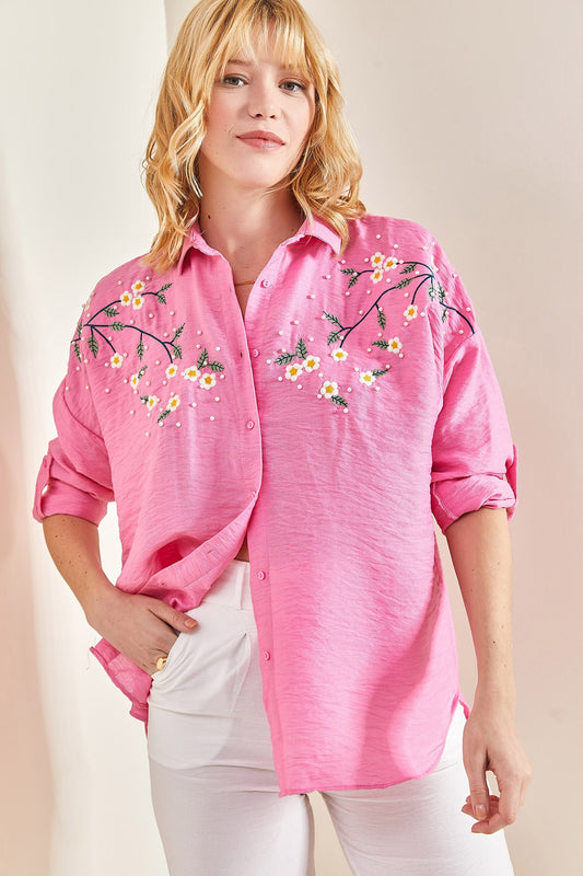 Bianco Lucci Women's Daisy Embroidered Sleeve Folded Ayrobin Linen Shirt Fuchsia Women