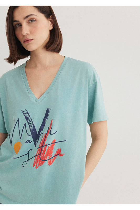 Mavi Printed Green Istanbul T-Shirt Loose Fit - Relaxed Fit Blue Women