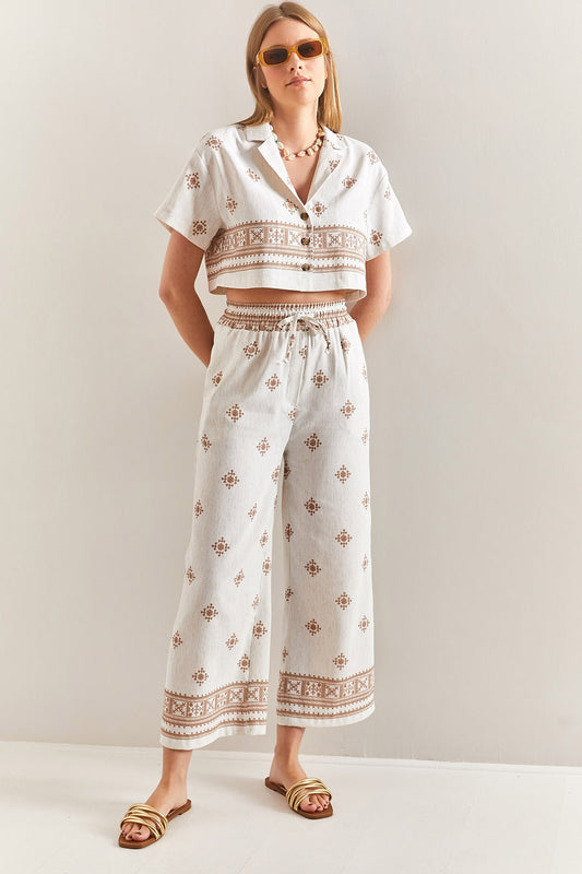 Bianco Lucci Women's Short Sleeve Ethnic Linen Crop Shirt Trousers Set Beige-camel Women
