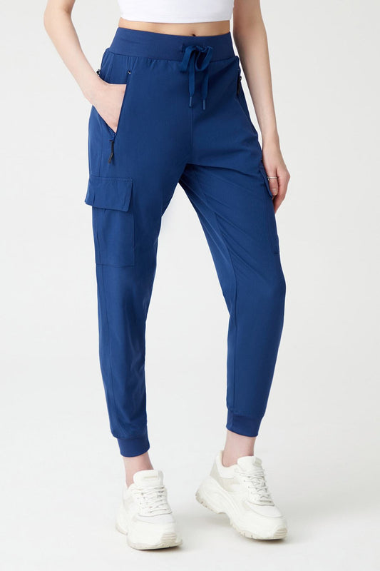 Los Ojos Women's Navy Blue Cargo Pocket Jogger Pants with Elastic Waist and Legs Cargo Women