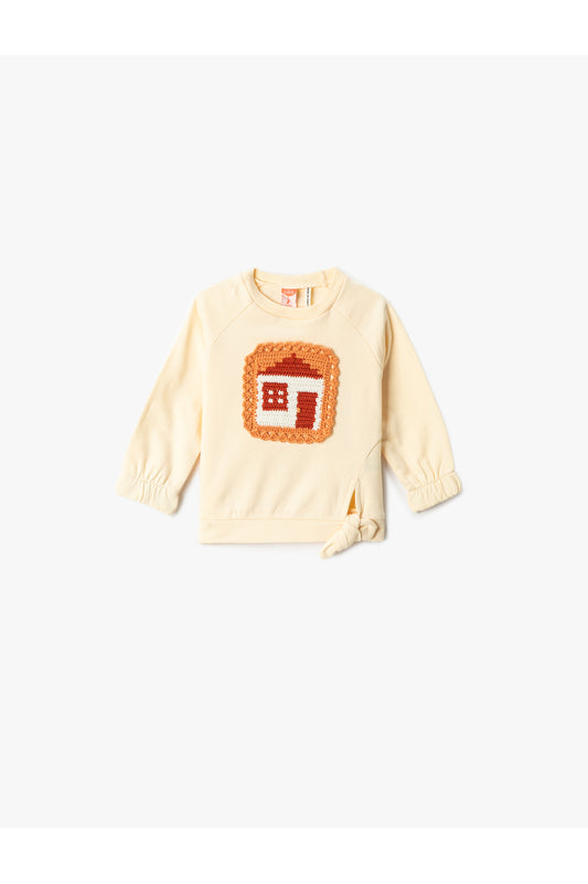 Koton Sweatshirt with Tie Front Detail and Knitted Applique Detail with Ribbon Ecru Women