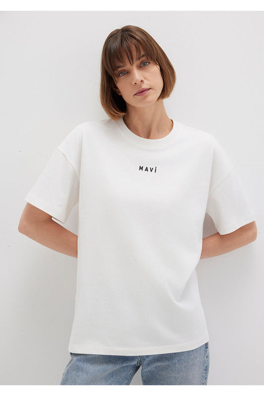 Mavi Logo Printed White T-Shirt Loose Fit - Loose Relaxed Fit Women