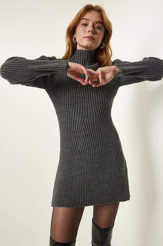Happiness İstanbul Gray Corded Bell Knitwear Dress Women
