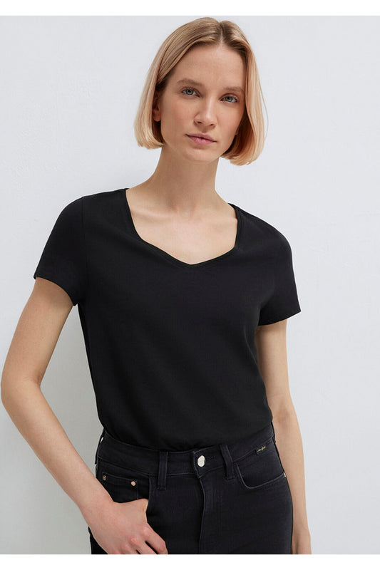 Mavi Black V-Neck Flared Slim Fit T-Shirt Women