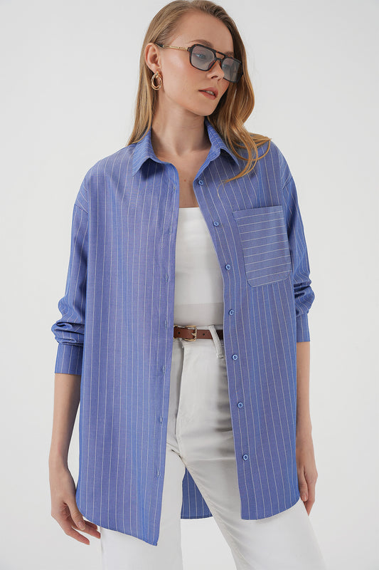 Bigdart Pocket Detailed Striped Oversize Shirt - Indigo Women